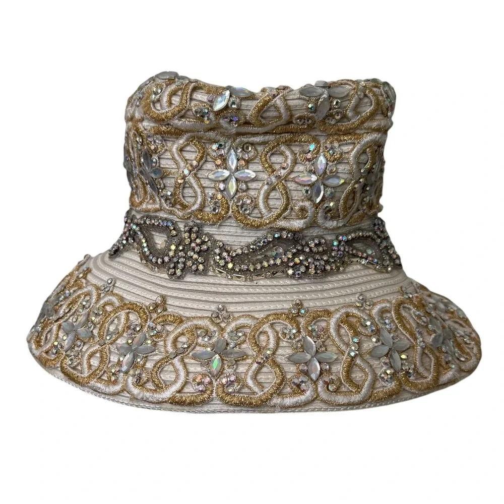 Vintage Shellie McDowell Heavily Embellished Gold Cream Lace Church Dress Hat